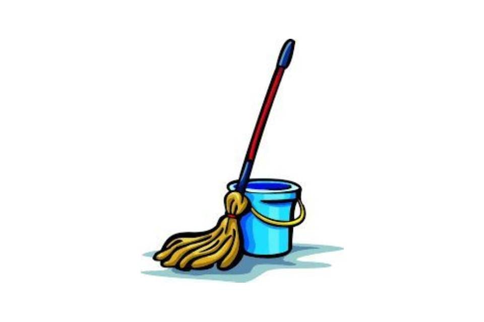 A bucket and mop are sitting on the floor.