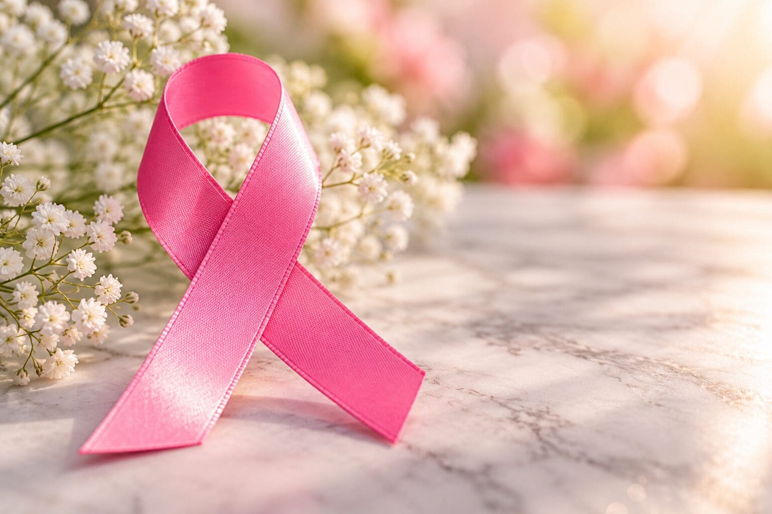 Pink breast cancer awareness ribbon on a light background