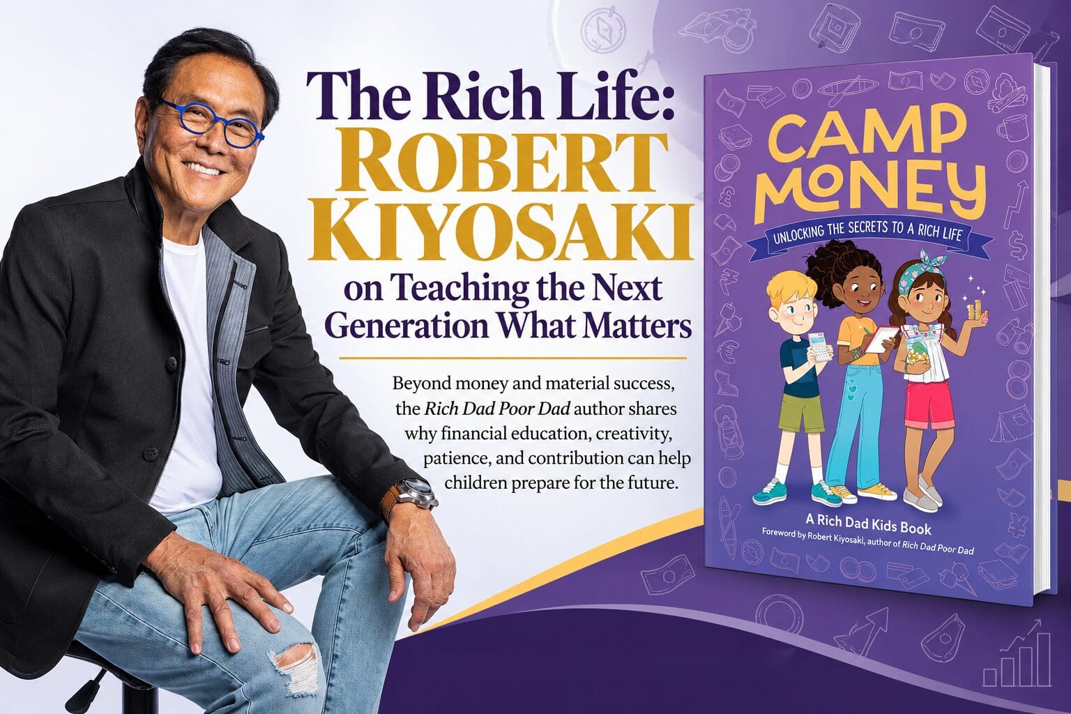 Robert Kiyosaki alongside the Camp Money: Unlocking the Secrets to a Rich Life children's book.