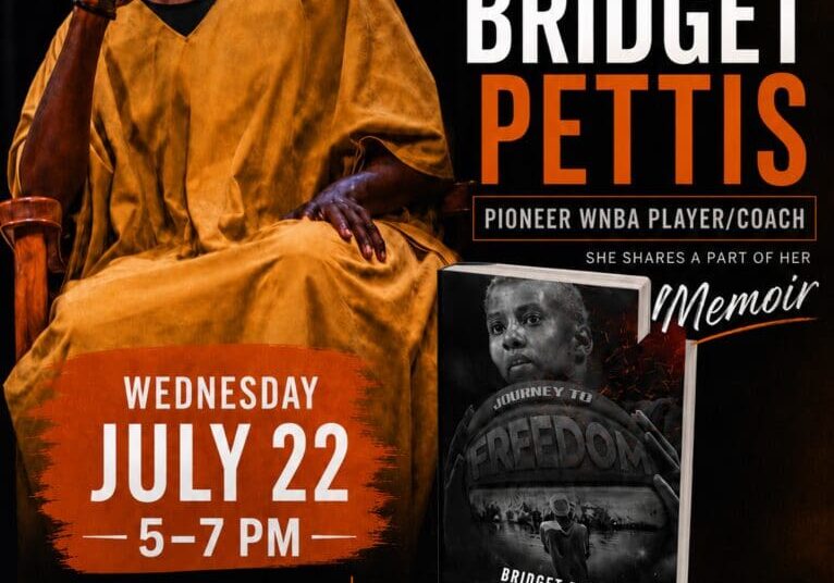 Bridget Pettis promoting her memoir Journey to Freedom at a book launch and signing on July 22, 2026, at the East Chicago Public Library, with a WNBA All-Star Charity Event on July 23 in Chicago benefiting the Bridget Pettis Foundation.
