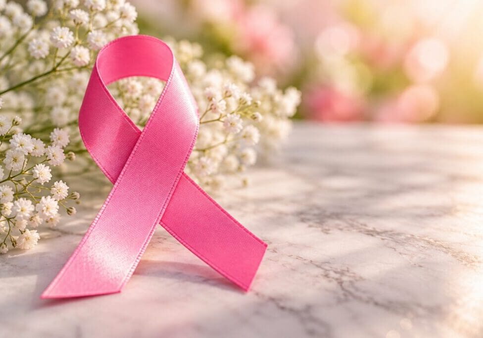 Pink breast cancer awareness ribbon on a light background