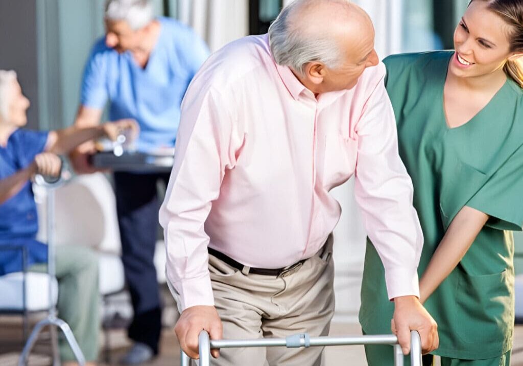 A man with a walker in the middle of an indoor area.