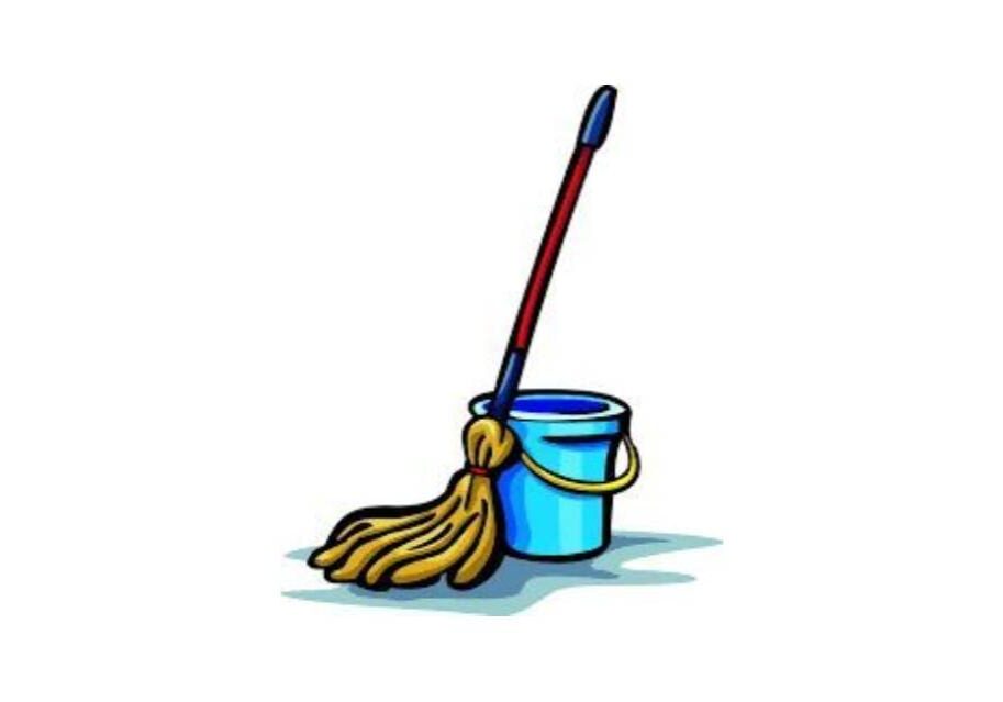 A bucket and mop are sitting on the floor.