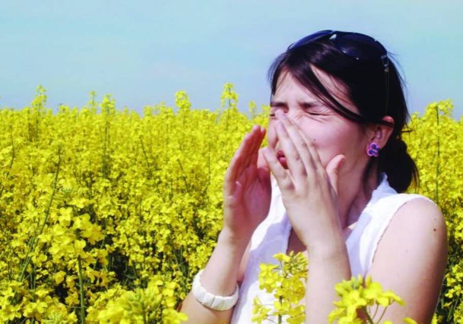 A woman in white shirt near yellow flowers.