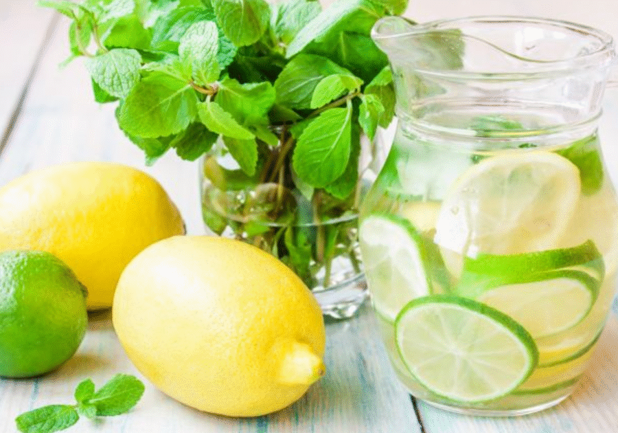 A table with lemons and mint in it