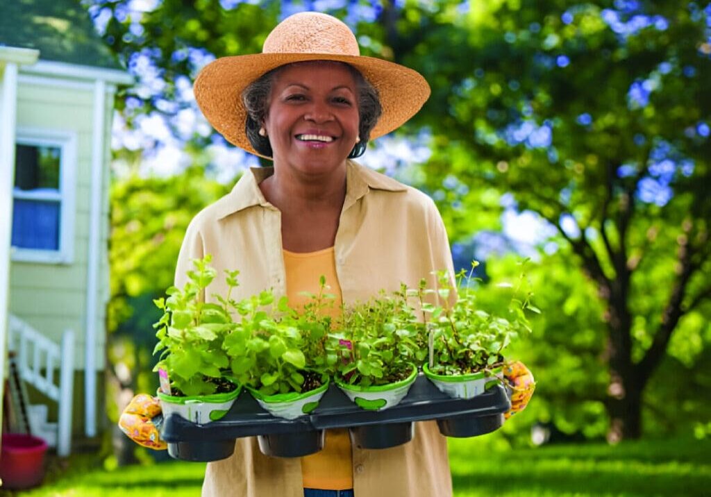 A woman holding a tray of plants in her hands.
