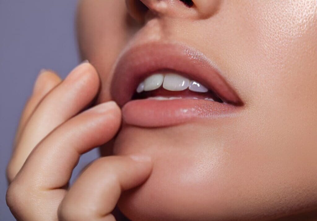 A woman with her mouth open touching the tip of her lip.