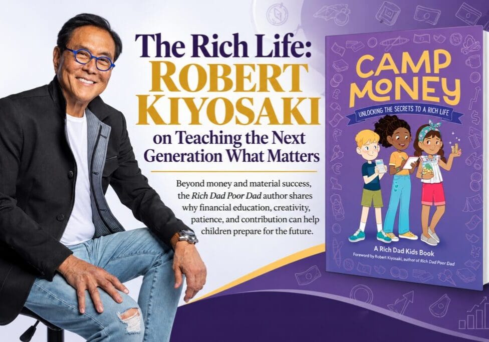 Robert Kiyosaki alongside the Camp Money: Unlocking the Secrets to a Rich Life children's book.